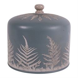 19th century Dudson blue jasperware cheese dome and stand, decorated sprigs of fern leaves and lilies, H26cm