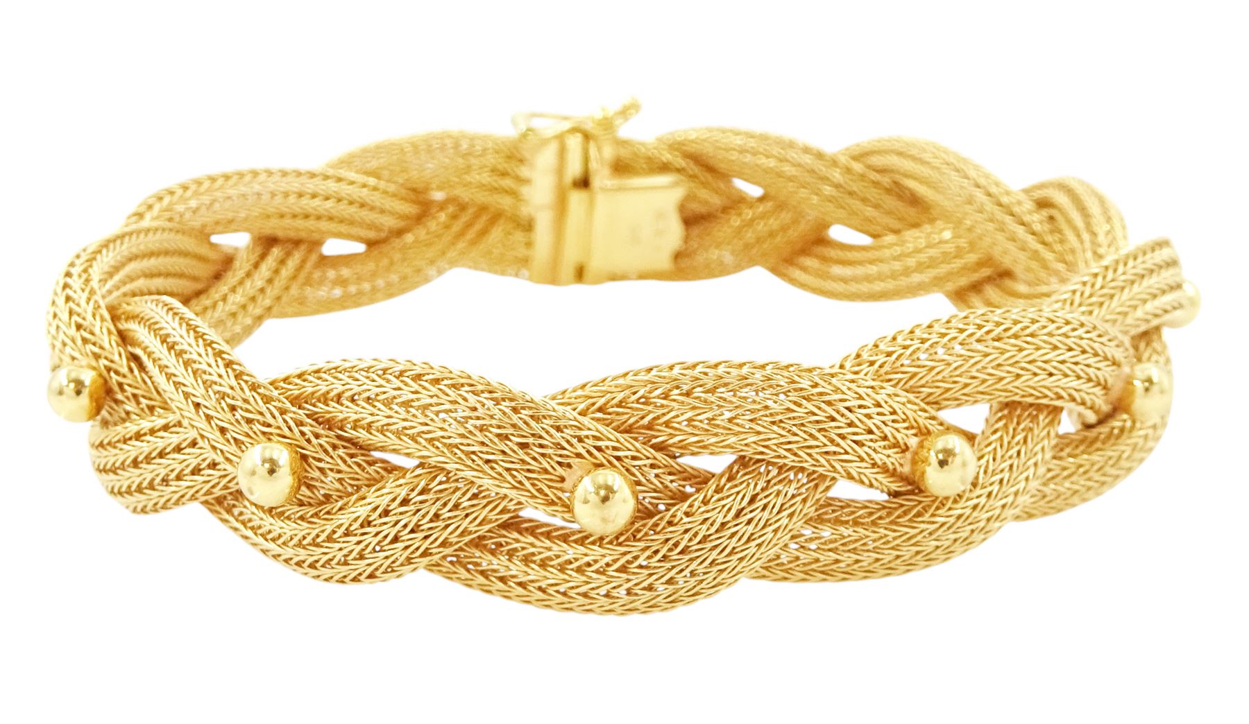 18ct gold plaited mess and bead design bracelet, stamped 750