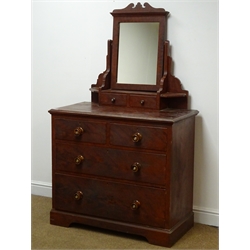  19th century scumbled pine dressing chest, raised mirror back above two trinket, two short and two long drawers, shaped plinth base, W95cm, H161cm, D50cm  