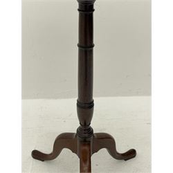 George III mahogany tripod table, circular figured top on collar turned stem, three splayed supports with spade feet