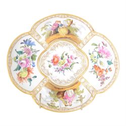 19th century Helena Wolfsohn for Dresden quatrefoil lidded bowl and stand, the panels decorated with figures in landscapes and floral sprigs, with a lemon finial to the lid, H18cm 