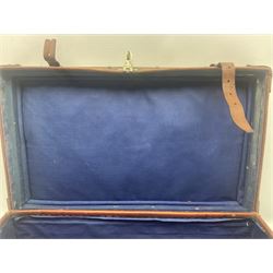 Late 19th/early 20th century stitched and studded leather portmanteau type suitcase with expanding lid and straps, L61cm