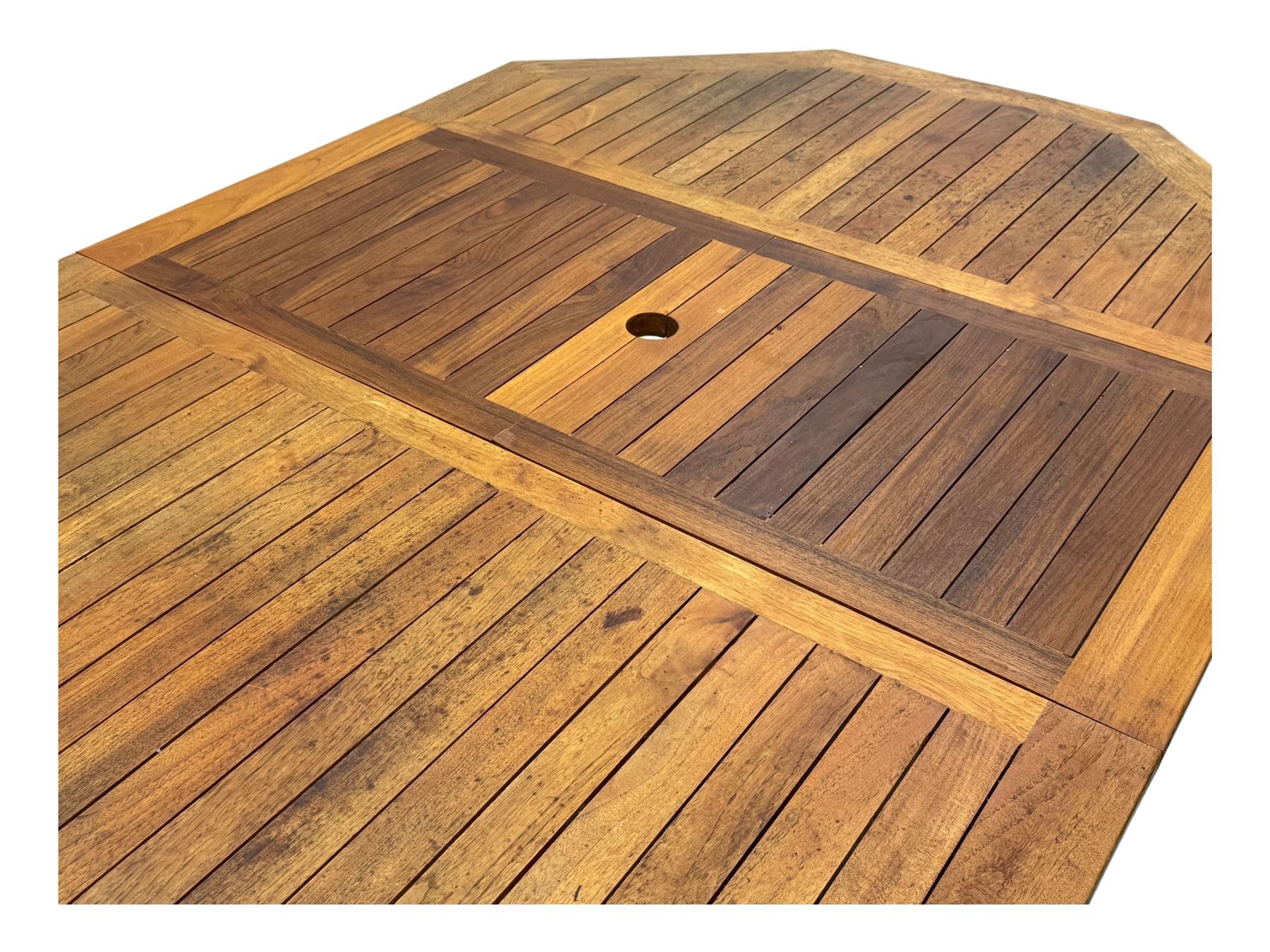 Extendable garden table, octagonal slatted top with central hinged folding leaf, on straight rectangular supports connected by double stretcher
