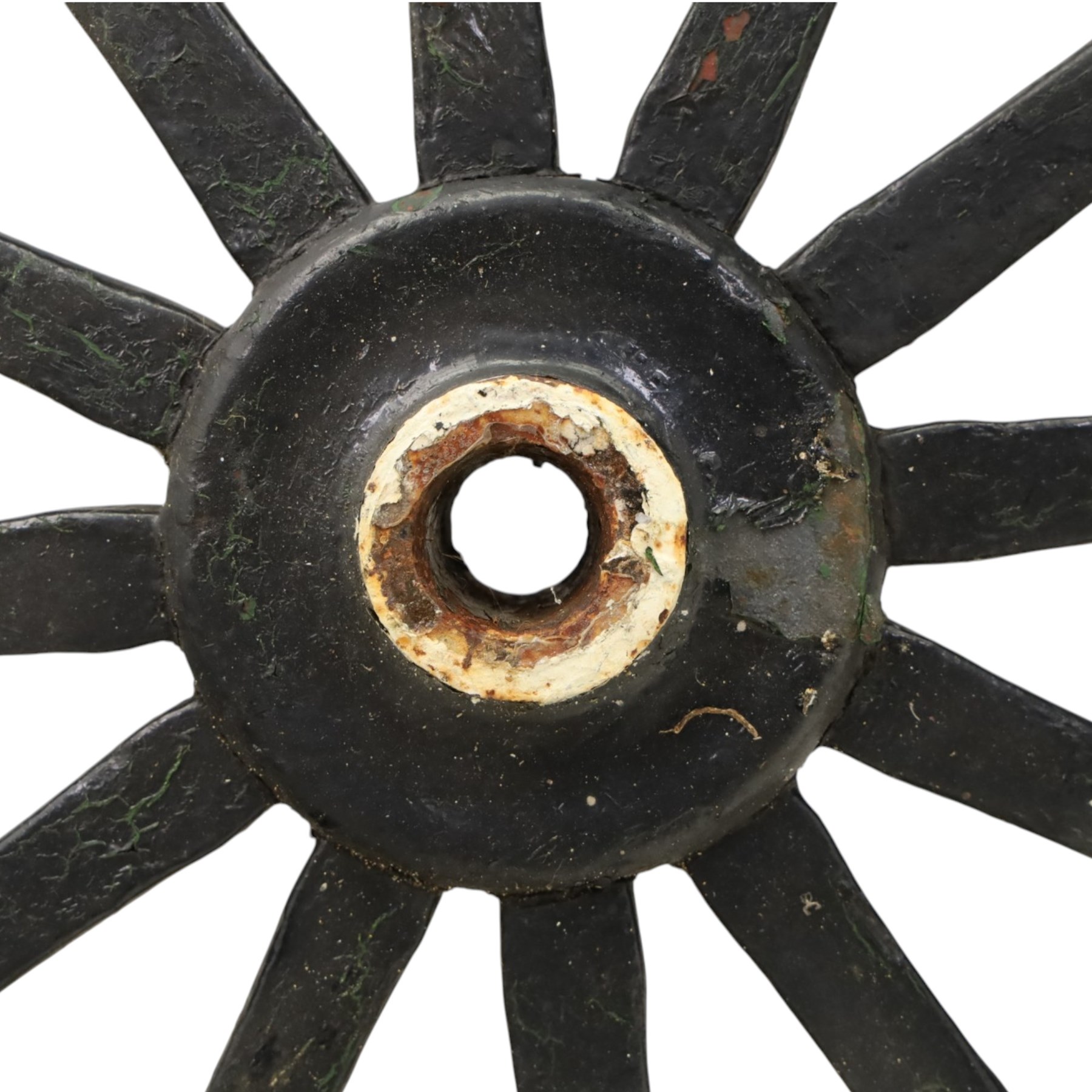 Pair of Victorian black lacquered and painted cartwheels with twelve spokes