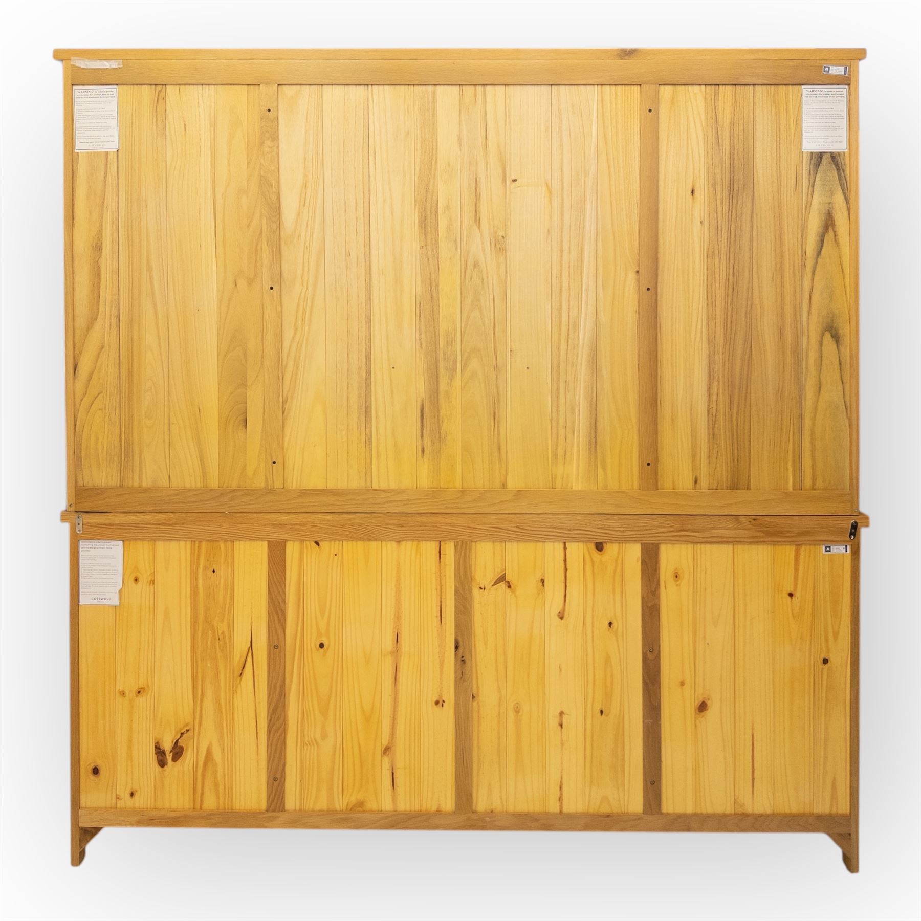 Cotswold & Co - modern light oak dresser, the upper section with open shelving and divided compartments, the base fitted with four drawers over four panelled cupboard doors with metal handles