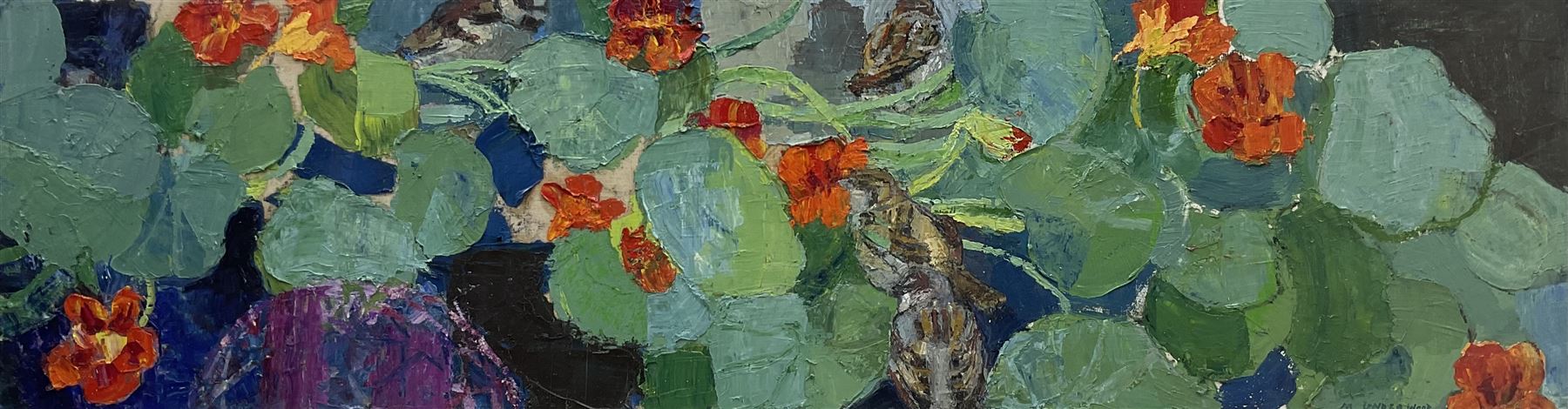 Matt Underwood (British 1971-): 'Nasturtiums', oil on canvas laid on to board signed, titled on exhibition label verso 28cm x 104cm 
Provenance: exh. Society of Wildlife Artists, Mall Galleries, London 2007, label verso