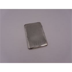 1930s silver cigarette case, of rectangular form with rounded corners, decorated with engine turned and geometric detail, opening to reveal personal engraving, hallmarked Sampson Mordan & Co, London 1933, H12.5cm