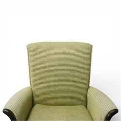 Parker Knoll - ‘Froxfield’ armchair, with upholstered back and seat in striped green fabric, on dark stained bentwood arms and front supports