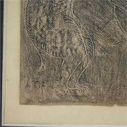 LTP Manjusri (Sri Lankan 1902-1982 - Columbo '43 Group): 'At The Palace' pencil rubbing etching signed with initials in pencil 20cm x 40cm
Notes: LTP Manjusri was a pioneering figure in modern Sri Lankan art, known for his unique blend of traditional Buddhist themes and contemporary techniques. Born in 1902, he initially trained as a scholar in Sinhala, Pali, and Buddhist philosophy before discovering his passion for painting in Shantiniketan, where he met Nandalal Bose. A founding member of the Colombo '43 Group, Manjusri’s work—spanning temple murals, original paintings, and etchings—reflects his deep cultural and religious roots. His contributions were internationally recognized, with exhibitions in London, Vienna, and New York, and works held in major collections including the New York Public Library and the Horniman Museum. In 1979, he was honored with the Ramon Magsaysay Award and an honorary doctorate from the University of Peradeniya.