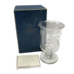 Edinburgh Crystal British Commonwealth Games 1970 goblet vase
Edinburgh crystal goblet vase commemorating the British Commonwealth Games 1970, designed by David Hammond, engraved by F.Lonie, no.37 of 50, with box, H23cm