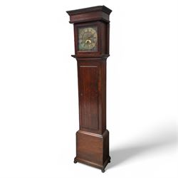 Joseph Millie of North Shields- oak cased 30hr longcase clock c1760, with a flat topped hood and deep frieze beneath, square hood door with side splats, long trunk with a conforming flat topped door with a square plinth raised on ball feet, brass dial with Rococo spandrels, matted dial centre and date aperture, chapter with Roman numerals, five minute Arabic's, minute track and matching steel hands, with a chain driven countwheel striking movement sounding the hours on a bell. With pendulum and weight.