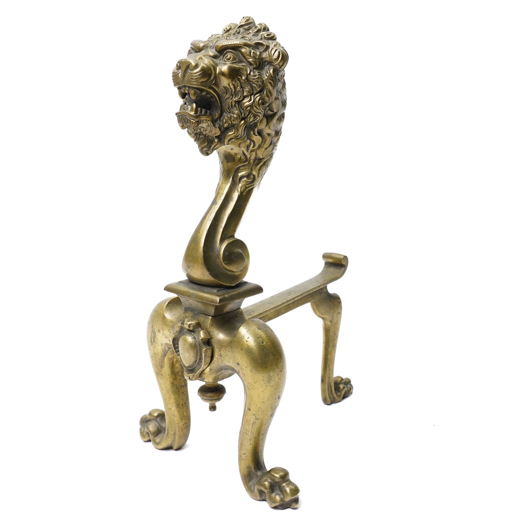 Pair of late 19th/early 20th century cast bronze fire dogs with lion masks and paw feet H37cm