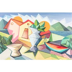 Nildo Martins (Brazilian 1948-): Abstract Fruit in Landscape, oil on board signed 39cm x 59cm 
