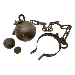 Late 19th/early 20th century prisoners iron ball and chain, with leg manacle; small cannon ball and grape shot