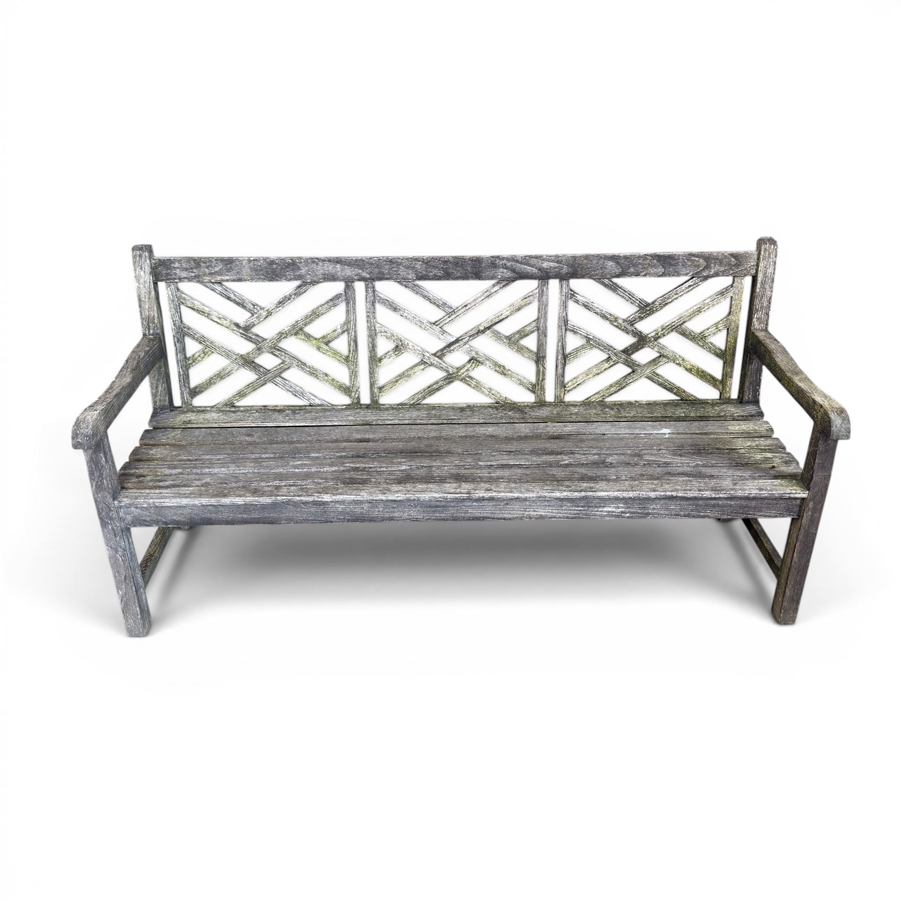 Plantation teak garden bench, triple lattice with slatted seat