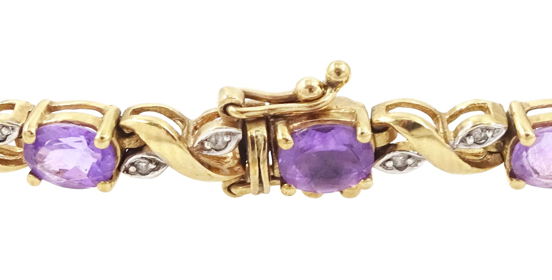 9ct gold amethyst and diamond bracelet, fifteen oval cut amethysts each spaced by two diamond chips in a crossover marquise setting, hallmarked