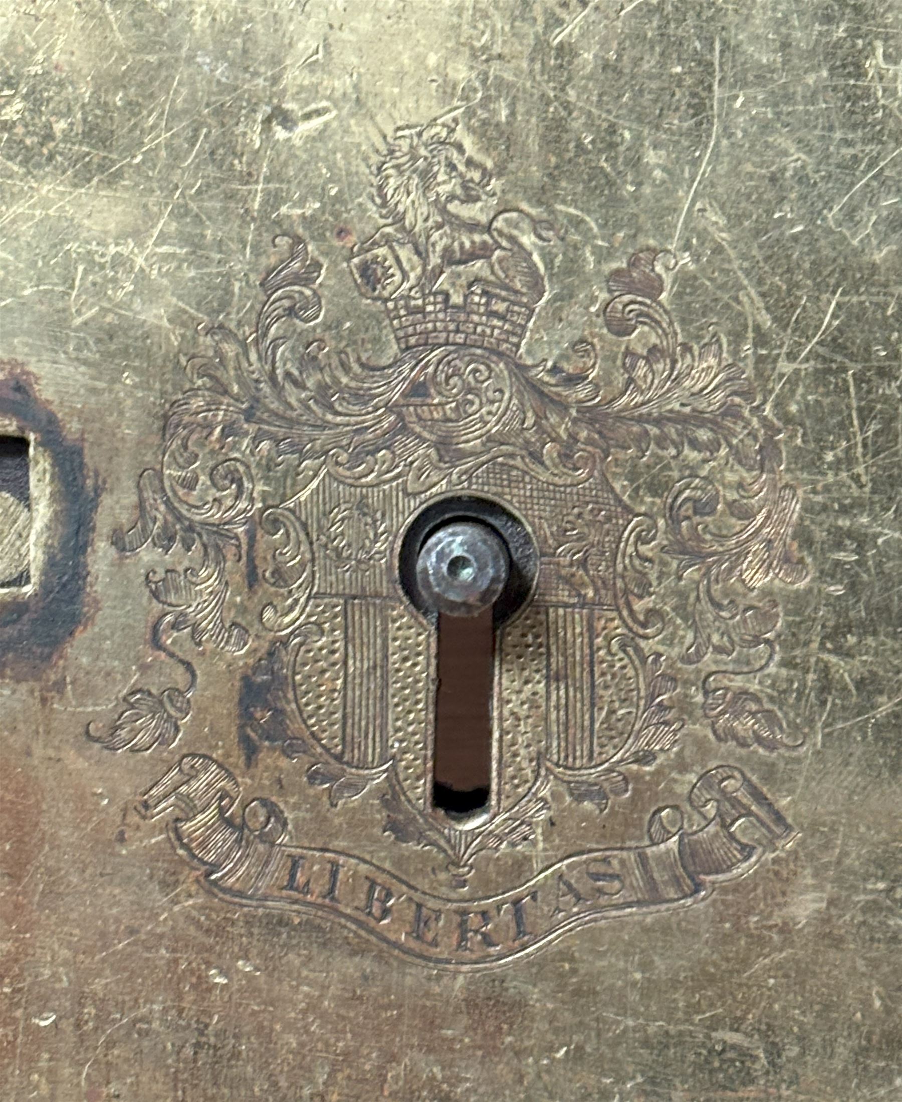 Large 19th century brass dead lock with key (16cm x 11cm) together with a gilt brass cased dead lock, the case with engraved cartouche and filigree, complete with key (18cm x 11cm) together with another engraved brass cased door lock (3)  - COLLECTION BY APPOINTMENT FROM: The White House, Thirsk Road, Easingwold, York, YO61 3NF - CALL 01723 507111 TO ARRANGE