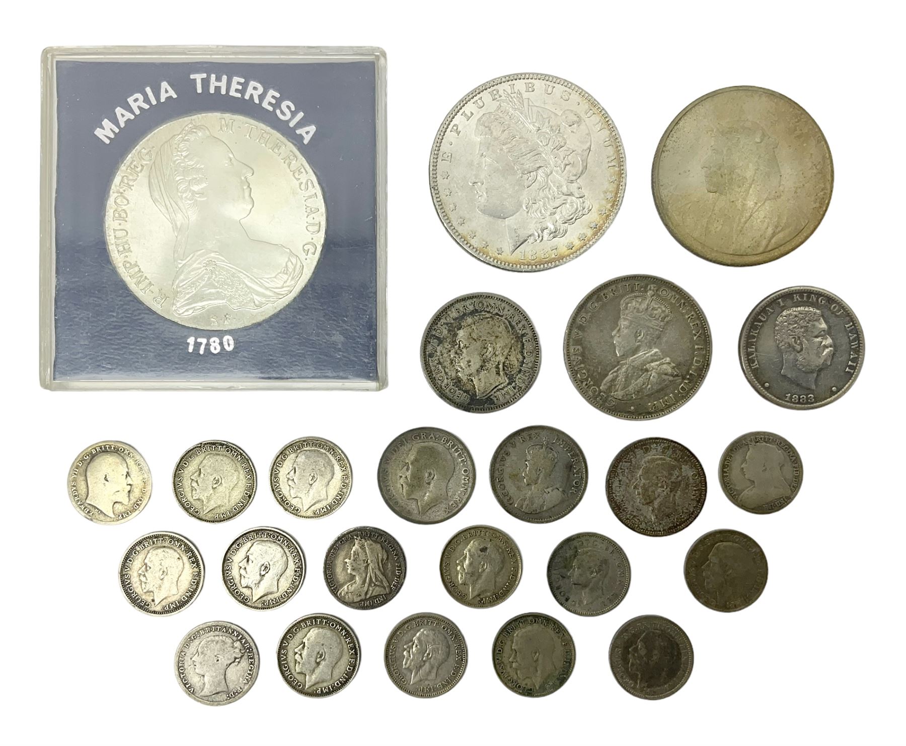 King George V British West Africa 1916 two shillings coin, King George VI Australia 1943 shilling, United States of America 1887 Morgan dollar, Bahrain 1968 500 fils silver coin, Maria Theresa restrike thaler and other coinage 