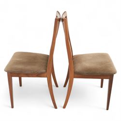 G Plan - mid-20th century teak extending dining table, oval top with integrated extension leaf, raised on tapering legs, together with a set of six slat back dining chairs including two carvers, upholstered in dark green velour (Extends to 210cm)