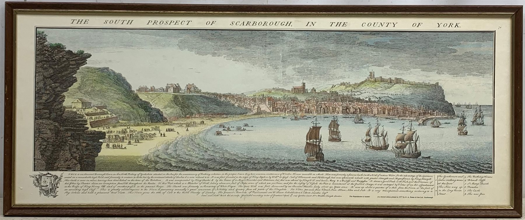 After Samuel and Nathaniel Buck (British 18th century): 'The South Prospect of Scarborough', colour print pub. 1977, 33cm x 85cm