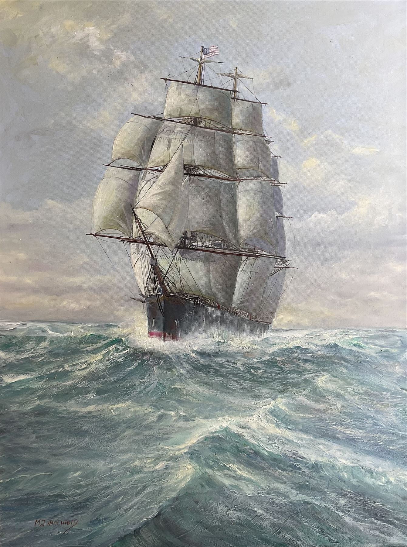 Michael J Whitehand (British 1941-): The Wool Clipper 'Red Jacket', oil on canvas signed, titled verso 101cm x 75cm 
Notes: 'Red Jacket' was one of the largest and fastest clippers ever built, and one of the first ships of the White Star Line, launched in 1853.
