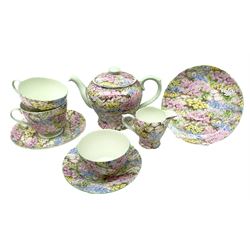 Shelley early morning tea set for two in the 'Rock Garden' pattern No.13454 comprising tea pot and cover, two cups and saucers, one plate, cream jug and sugar bowl