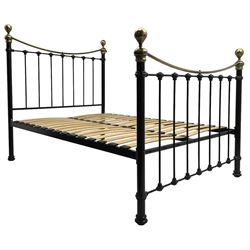 Victorian design black finish metal 4' 6'' double bedstead with brass finials 
