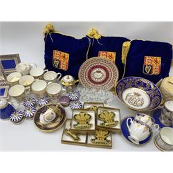 Commemorative ware Including five green and gold Highgrove limited edition hand embroidered tree decoration, a collection of ceramic ware from the royal collection including four cups and saucers, small teapot,    three trinket trays, five trinket pots with lids, eight tot glasses, three William Edwards Queens 80th cup, Hudson & Middleton hinged box etc. 