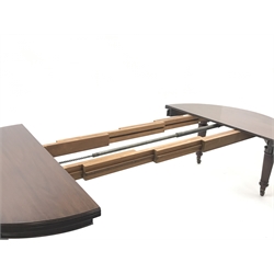 Spillman & Co. London - large Victorian mahogany extending dining table with three additional leaves, on turned and reeded supports with ceramic castors, ivorine label to underneath 'Spillman & Co. St. Martins Lane, London', diameter - 137cm (closed), L302cm (with all leaves)