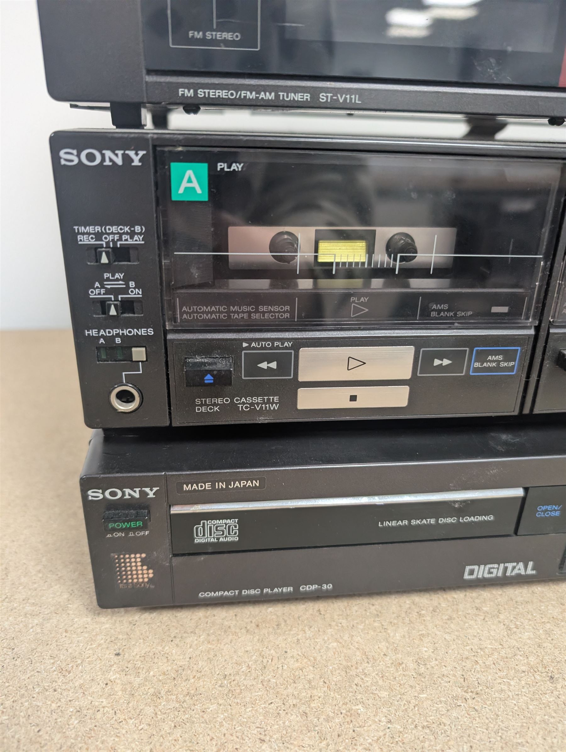 Sony HiFi system, comprising PS-LX330P Turntable, CDP-30 CD Player, TA-V11W Amplifier, ST-V11L FM-AM Tuner, TC-V11W Cassette Player and a pair of SS-V11 16cm 2Way Woofer Speakers