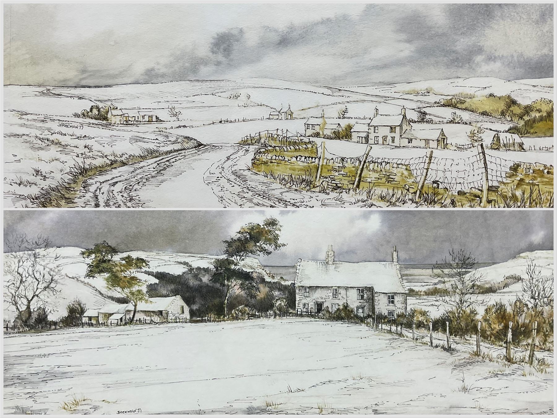 John Freeman (British 1942-): Snowy Landscapes, pair watercolours signed and dated ‘77, 17cm x 34cm (2)