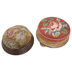 Victorian gilt wood circular footstool on compressed feet and with upholstered top, the base with an old label D32cm and one other Victorian footstool (2) 