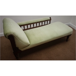  Edwardian walnut framed chaise longue, upholstered in lime velvet, turned supports (W68cm, H80cm, L175cm) and two matching spoon back chairs (3)  