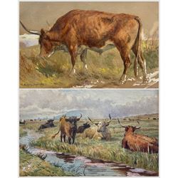 Attrib. Thomas Sidney Cooper (British 1803-1902): Cattle Grazing, watercolour heightened with white signed 19cm x 31cm; English School (Early 20th Century): Cattle Resting, watercolour signed with initials TS and dated 1880, 19cm x 31cm (2)