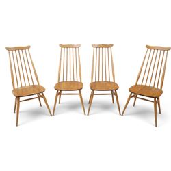 Ercol - 'Goldsmith' light elm set of four dining chairs, shaped cresting rail above seven ...