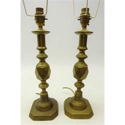  Large pair of 'King of Diamonds' brass candlesticks, converted to electricity, H39cm (2)  