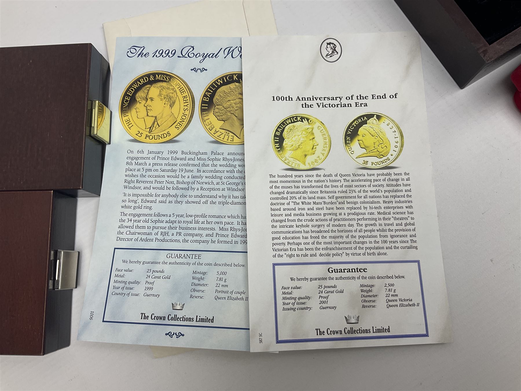 Single owner lifetime collection of mostly commemorative modern World coins with gold, silver and base metal examples, including two Queen Elizabeth II Bailiwick of Guernsey twenty-five pound gold coins 'The 1999 Royal Wedding' and '100th Anniversary of the End of the Victorian Era' 2001 each in 24 carat gold weighing 7.81 grams with certificates, silver coins commemorating the Millennium 2000 including Guyana sterling silver proof two-thousand dollars, Fiji sterling silver proof five dollars etc, silver coins from the Queen Elizabeth II Golden Jubilee Collection dated either 2002 or 2003 from Great Britain and the Commonwealth countries, United Kingdom commemorative crowns in card folders, The Royal Mint United Kingdom 1997 proof coin set in red folder without certificate etc