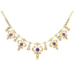 Edwardian 15ct gold amethyst and split pearl necklace