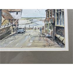Tony Bryant (British 20th Century): 'Blakeney', watercolour and ink signed, titled and dated 1990 verso; Christopher Glanville (British 1948-): 'Orchard', ink and watercolour unsigned, titled verso; Rachel McNaughton (Yorkshire Contemporary): Staithes, watercolour and ink unsigned, artists address label verso; Jeanne L Jackson (Yorkshire Contemporary): 'Lilies at Halfpenny House', acrylic unsigned, titled verso max 33cm x 27cm (4)