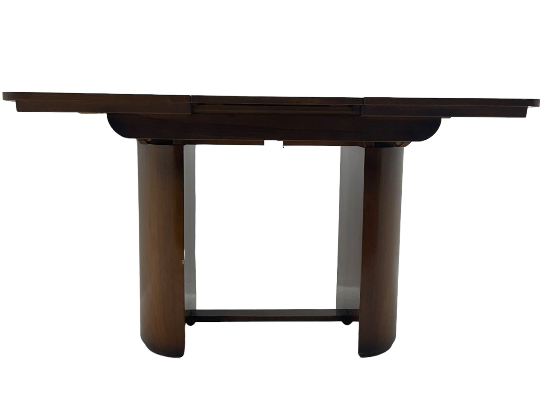 Beautility - early to mid-20th century walnut extending dining table, the additional leaf/coffee table with folding supports (76cm x 106cm - 153cm, H78cm); set of four dining chairs upholstered in teal leather 