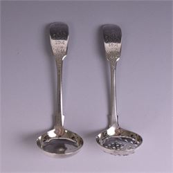 Pair of William IV silver Fiddle pattern spoons, comprising ladle and sifting spoon, each ...
