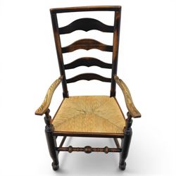 Set of seven (6+1) Georgian design country elm Lancashire dining chairs, ladder backs with rush seats, turned front leg stretcher on pad feet, height of seat 44cm, complete with fitted tie on cushions