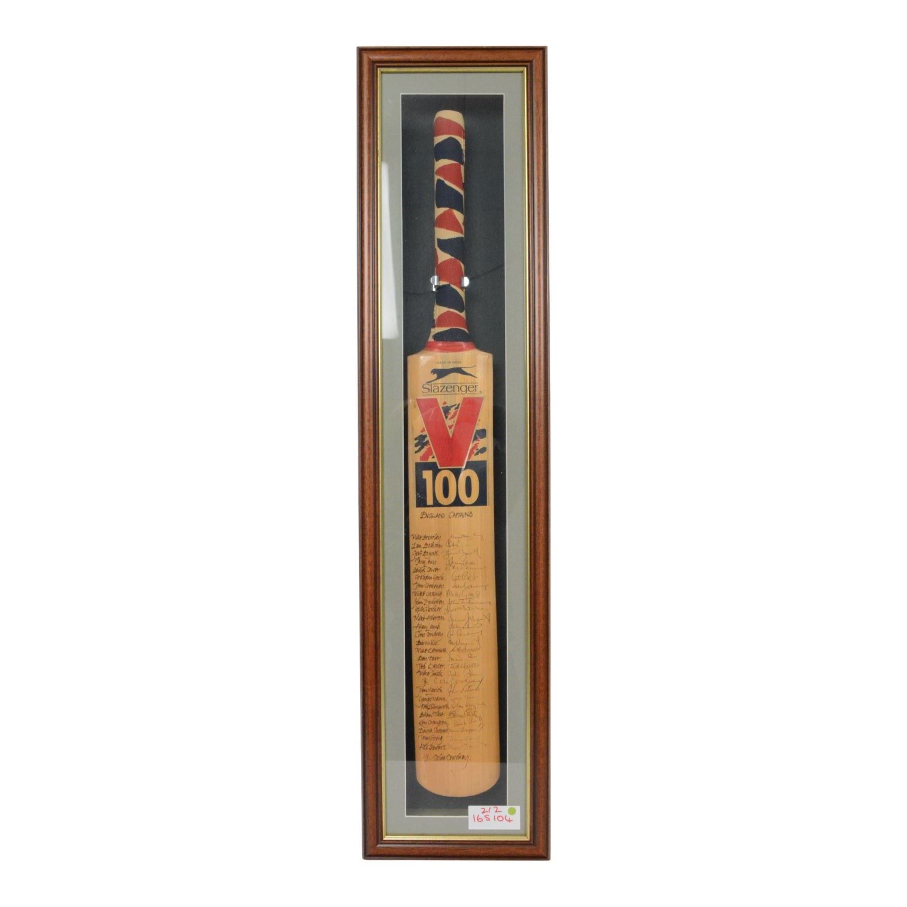 Two signed Slazenger V 100 cricket bats, the first example signed by the 'World's Top 10 Run Makers', with signatures including Graham Gooch, David Gower, Geoffrey Boycott, Gary Sobers and Viv Richards, the second example signed by a number of England's Cricket Captains, including Alec Stewart, Ken Cranston, Bob Willis, Allan Lamb, Mike Atherton and Ian Botham etc, both within glazed wooden display cases, case H99cm