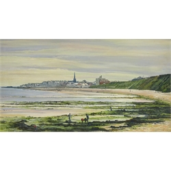 Hilary Johnson (British 20th century): Rock Pooling at Bridlington, oil on board signed, and Michael Major (British 20th century): Bathing Machines on the South Bay Scarborough, oil on canvas signed and dated '82, 35cm x 98cm