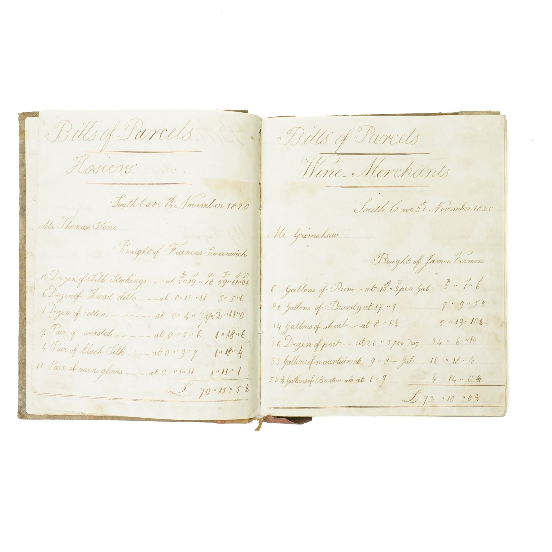 John Robinson - Early 19th century handwritten accounts book , with South Cave connection listing accounts from Mercers, Grocers, Butchers etc followed by various mathematical calculations