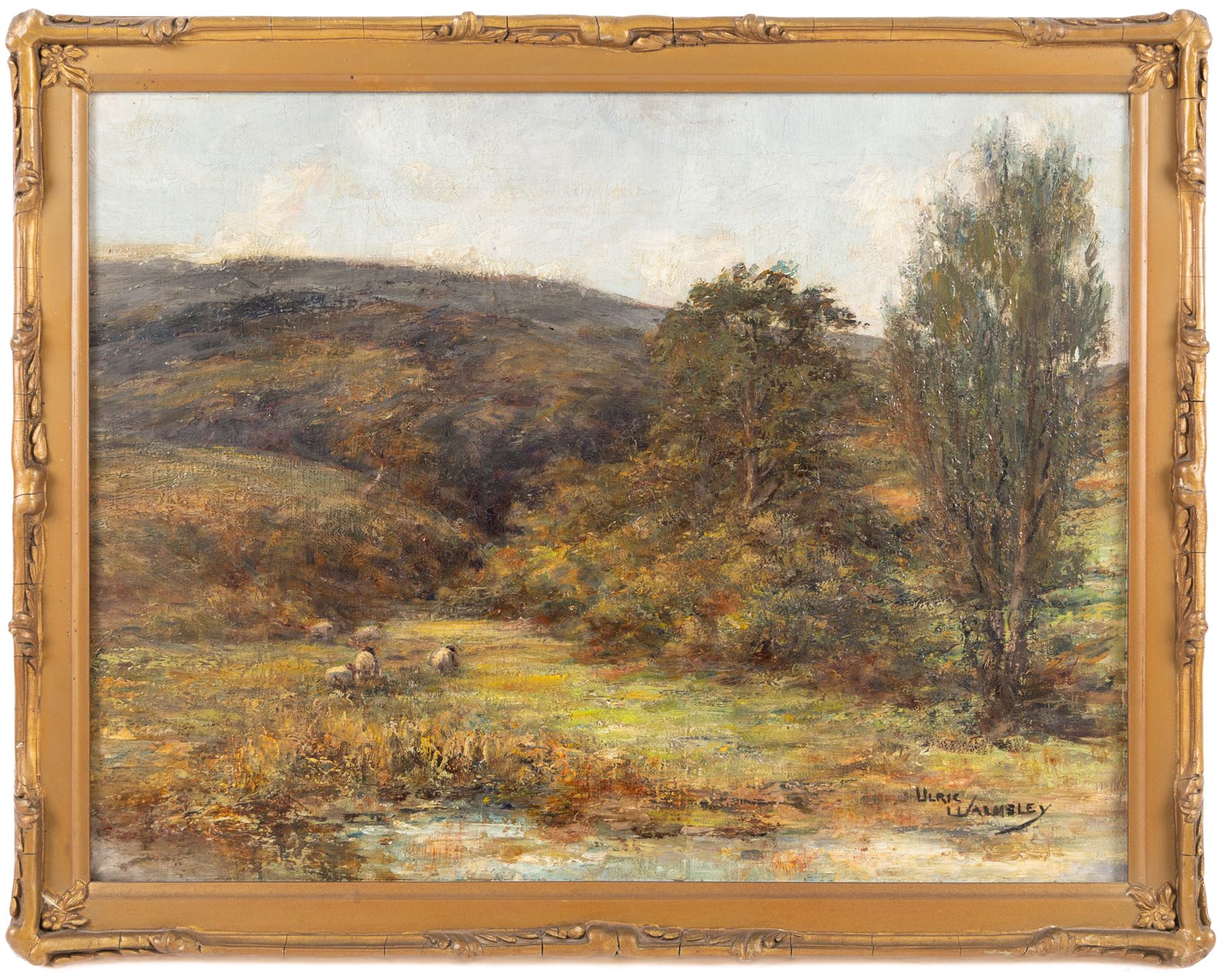 James Ulric Walmsley (British 1860-1954): Sheep Grazing on a Riverside, oil on canvas signed 32cm x 42cm