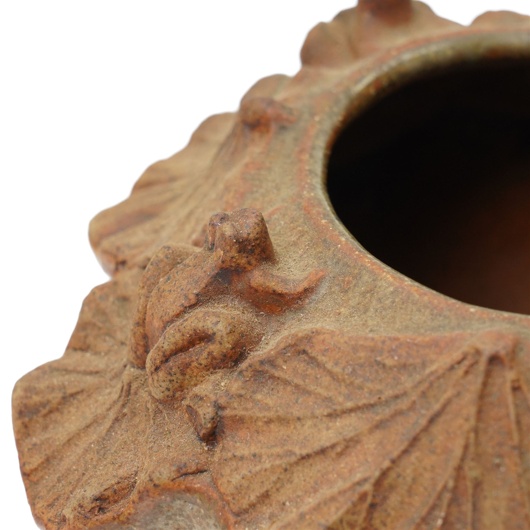 Bernard Rooke (1938-) - small stoneware vase, the rim formed as lily pads and frogs in a brown glaze H9cm, purchased from The Mill Gallery, Swilland,  Ipswich