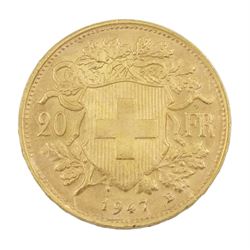 Swiss 1947 gold twenty francs coin