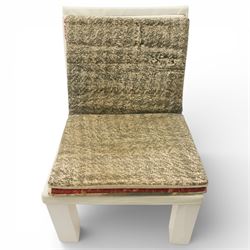 IKEA - ‘Selma’ chair designed by Front in 2009, the shaped wooden frame with white leather back and trim, fitted with cotton cushions with four interchangeable prints inspired by Swedish textile history