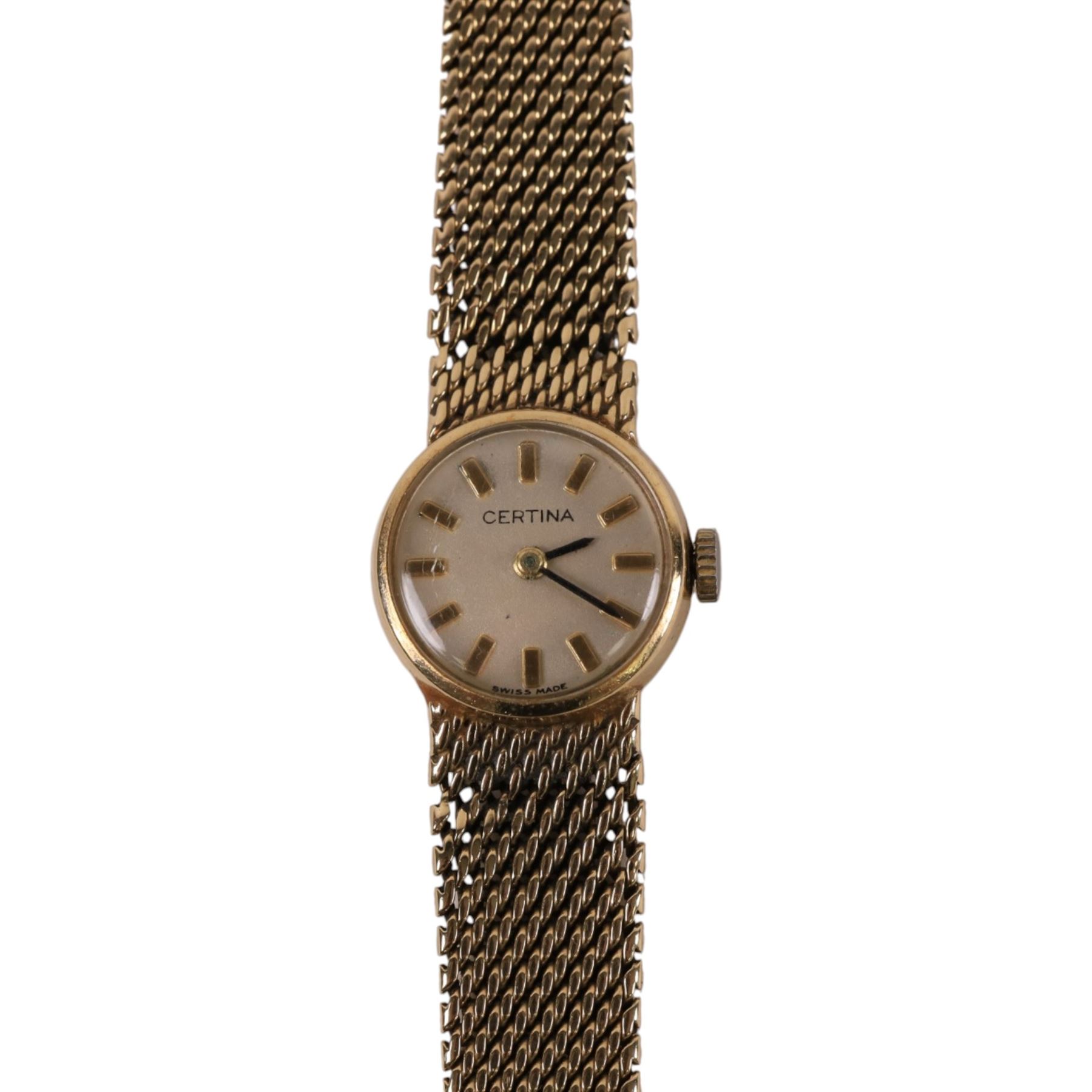 Certina ladies 9ct gold manual wind wristwatch, on integral 9ct gold bracelet, London 1966